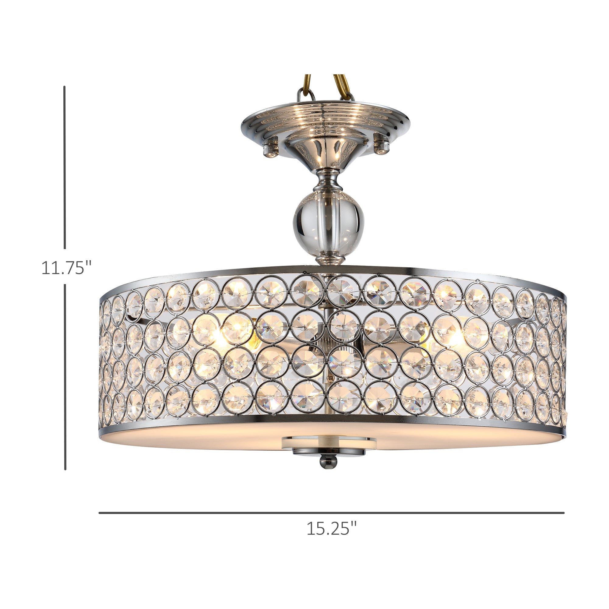 Chandelier Pendant Light Lamp with Crystal Ball Pole, Hanging Ceiling Lamp, Drum Shaped Shade, Metal Base, Silver