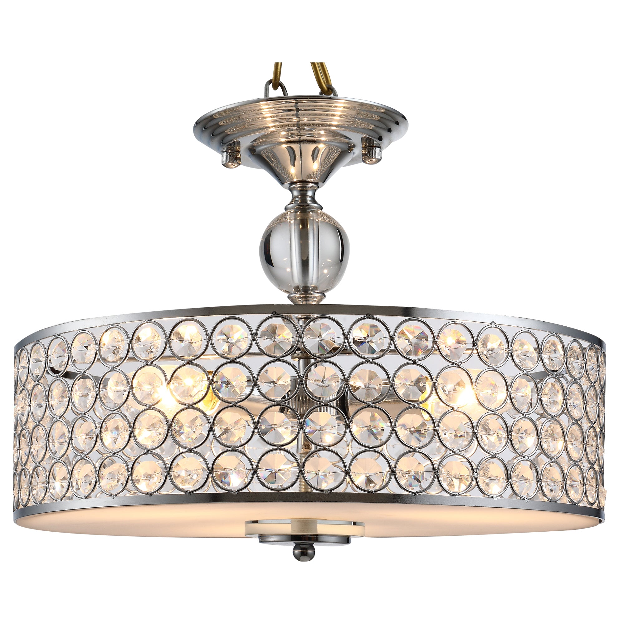 Chandelier Pendant Light Lamp with Crystal Ball Pole, Hanging Ceiling Lamp, Drum Shaped Shade, Metal Base, Silver