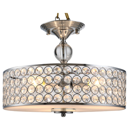 Chandelier Pendant Light Lamp with Crystal Ball Pole, Hanging Ceiling Lamp, Drum Shaped Shade, Metal Base, Silver
