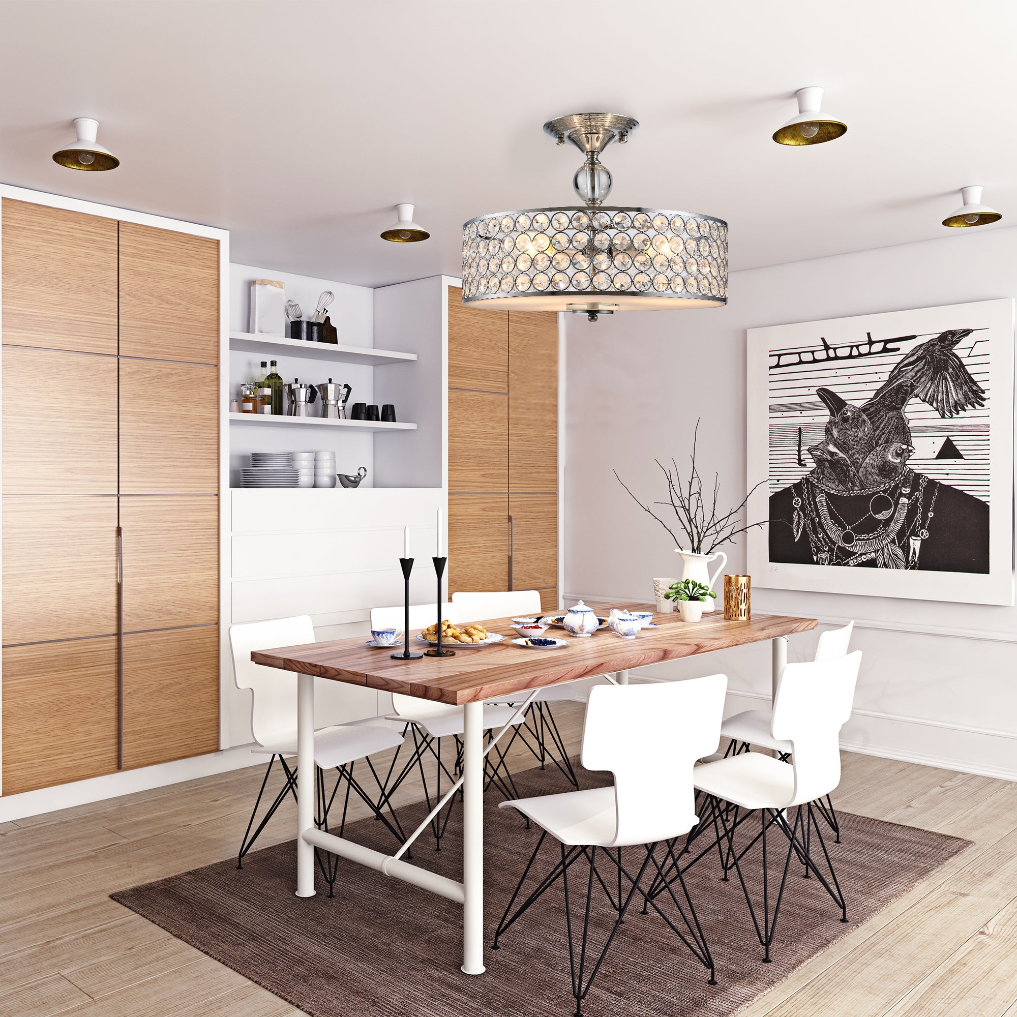 Chandelier Pendant Light Lamp with Crystal Ball Pole, Hanging Ceiling Lamp, Drum Shaped Shade, Metal Base, Silver