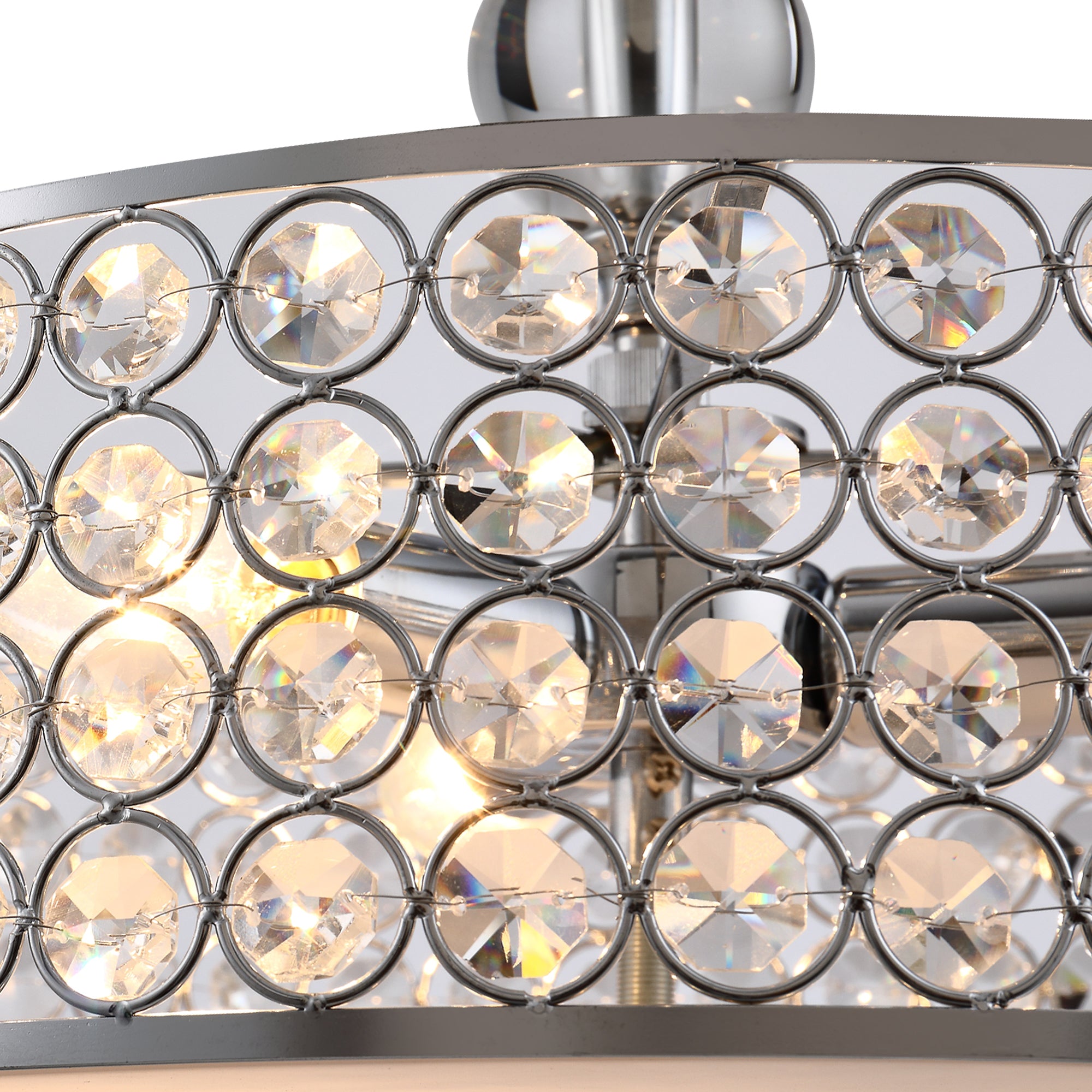 Chandelier Pendant Light Lamp with Crystal Ball Pole, Hanging Ceiling Lamp, Drum Shaped Shade, Metal Base, Silver