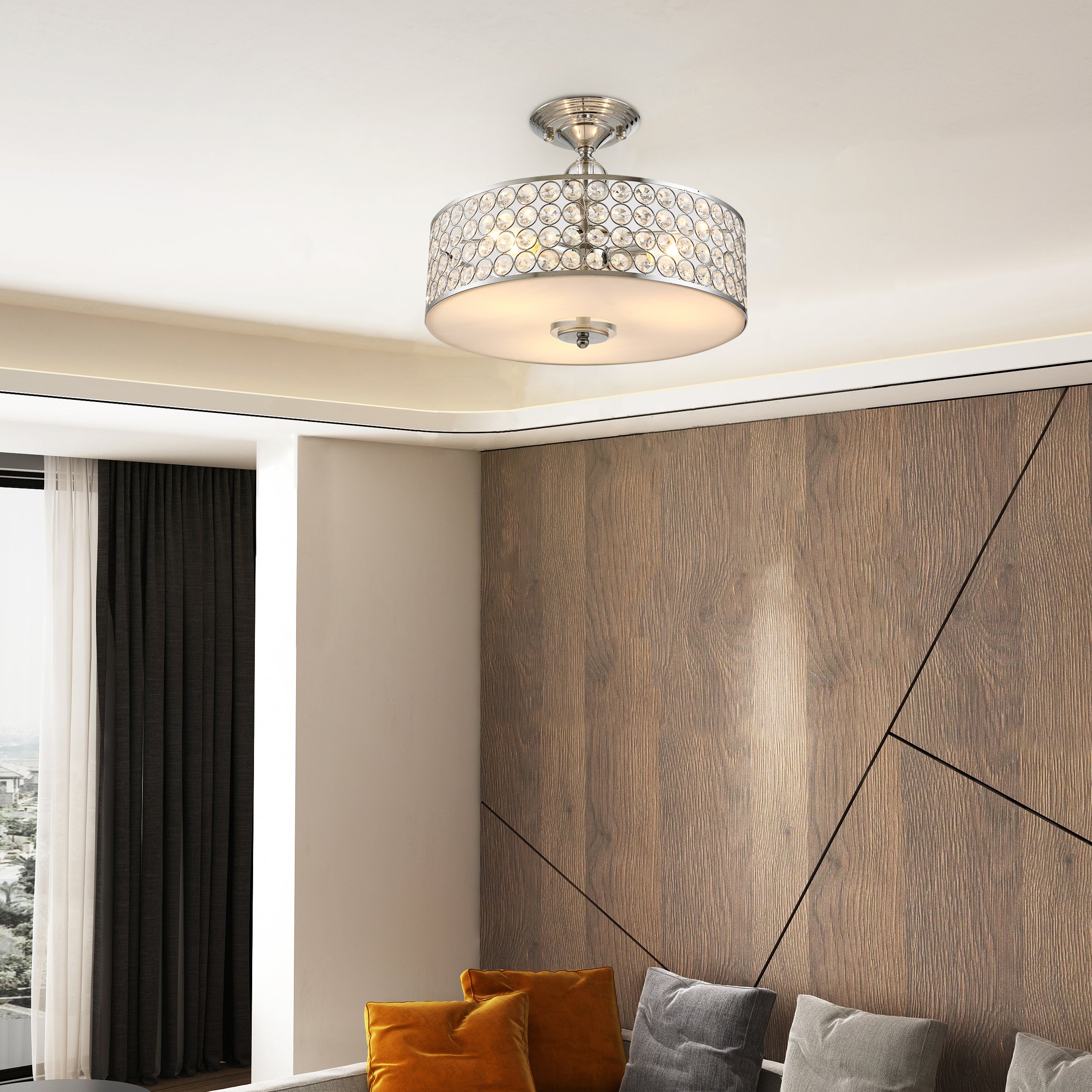 Chandelier Pendant Light Lamp with Crystal Ball Pole, Hanging Ceiling Lamp, Drum Shaped Shade, Metal Base, Silver