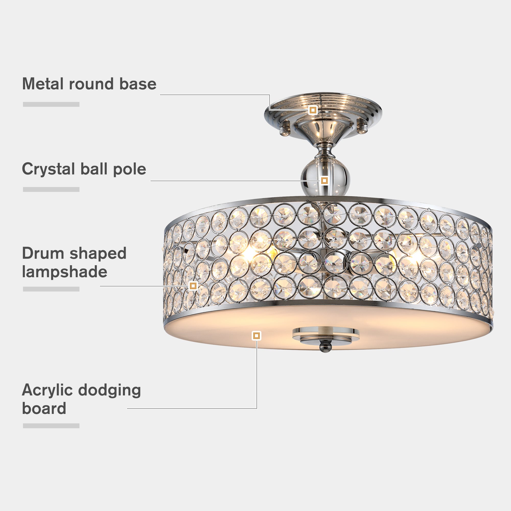 Chandelier Pendant Light Lamp with Crystal Ball Pole, Hanging Ceiling Lamp, Drum Shaped Shade, Metal Base, Silver