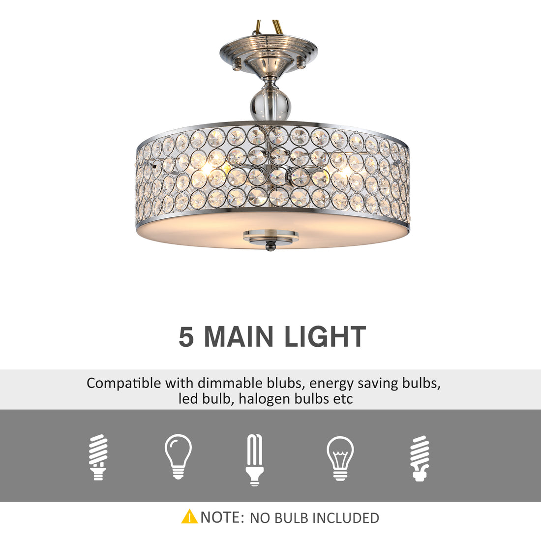 Chandelier Pendant Light Lamp with Crystal Ball Pole, Hanging Ceiling Lamp, Drum Shaped Shade, Metal Base, Silver