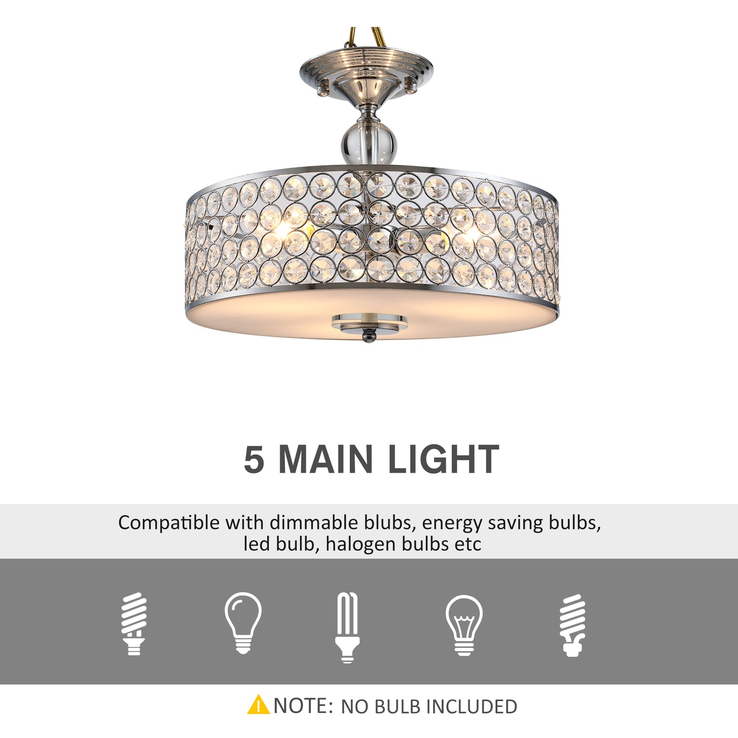 Chandelier Pendant Light Lamp with Crystal Ball Pole, Hanging Ceiling Lamp, Drum Shaped Shade, Metal Base, Silver
